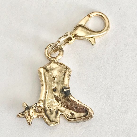 Vintage Cowboy Boot Charm Crystal Gold Plated Clip On Zipper Pull Purse Cowgirl - Picture 3 of 6